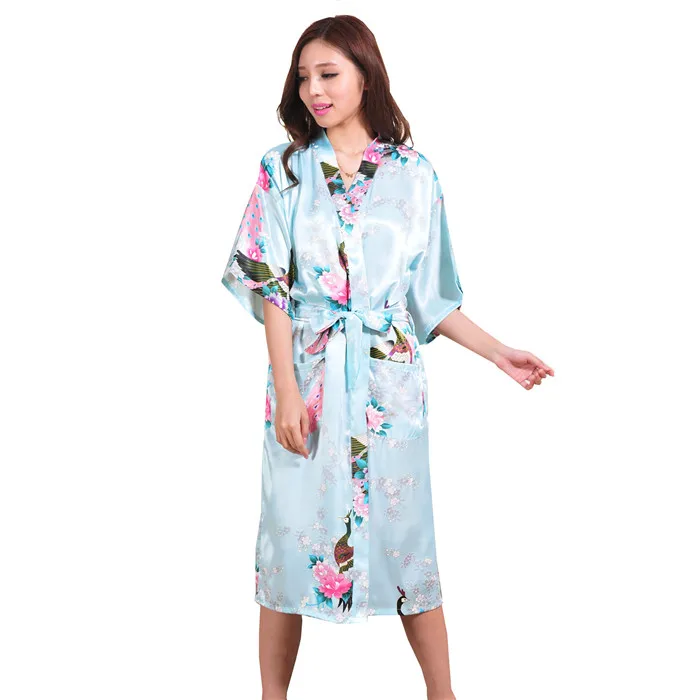 Фиолетовые Свадебные невесты халат Китайский Для женщин Silk район ночная рубашка с цветочным принтом халат сексуальная кимоно платье Размеры S M L XL XXL, XXXL s001-l - Цвет: Light Blue