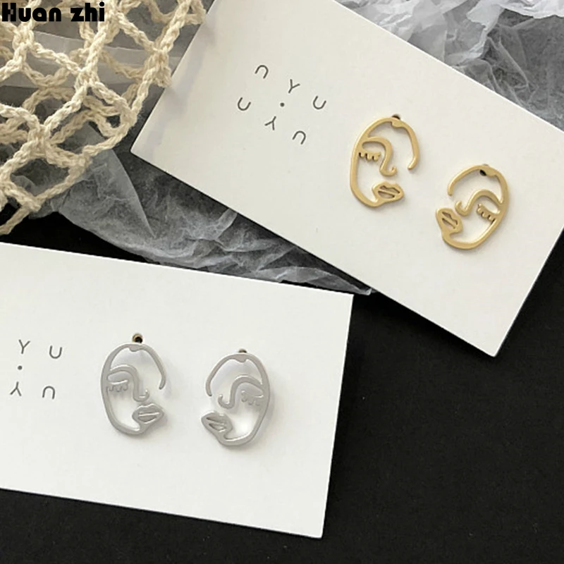 

HUANZHI Simple S925 Sterling Silver Pin Metal Gold Hollow Face Irregular Abstract Art Human Body Stud Earrings for Women