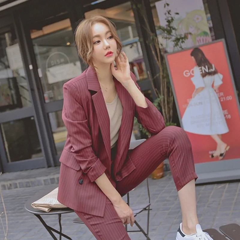 

Work Fashion Suits Pants 2 Pieces Set for Women Double Breasted Striped Blazer Jacket and Pants Office Lady Suit Feminino