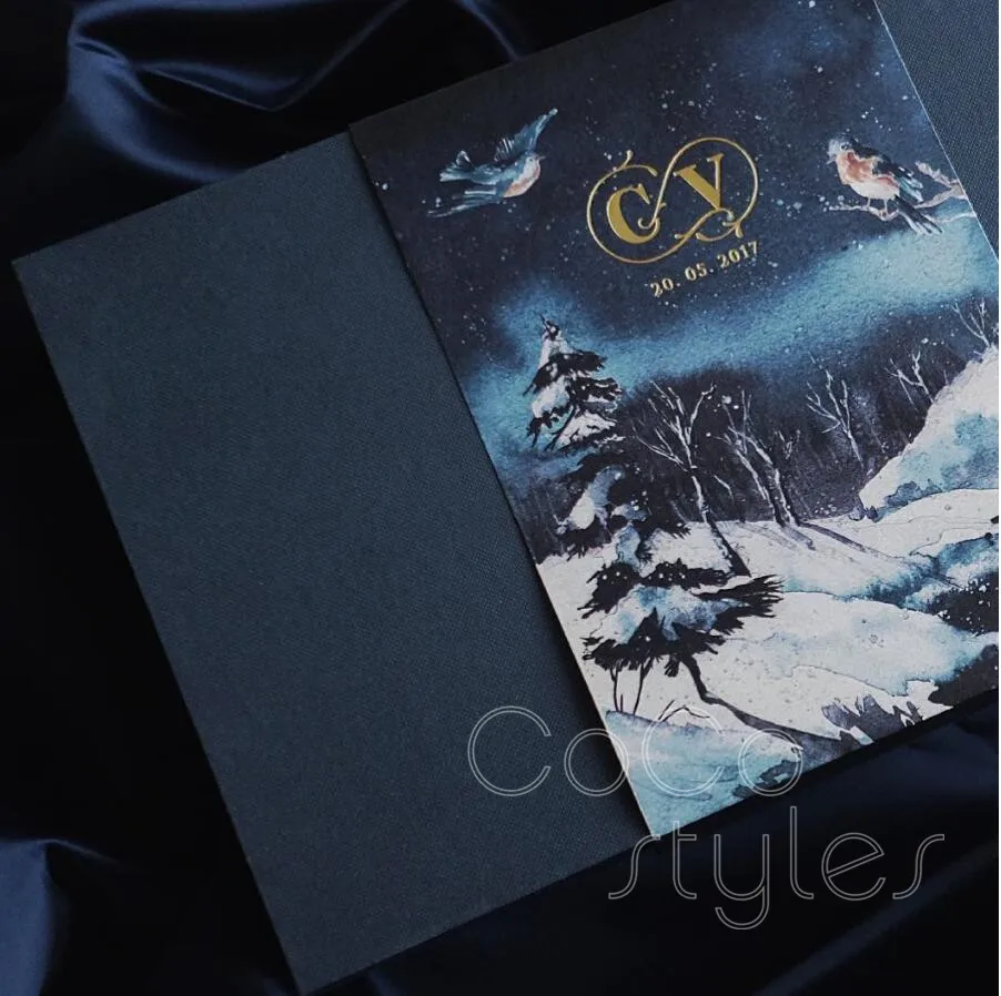  Cocostyles bespoke creative gold foiling navy invitation card with snowflake and bird for winter we - 32878332914