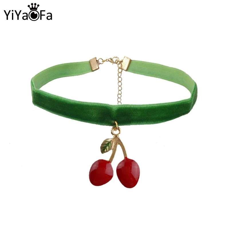 

YiYaoFa Green Ribbon Choker Necklace & Cherry Pendant Vintage Women Accessories Gothic Jewelry Collar Necklace for Wowen DD-25