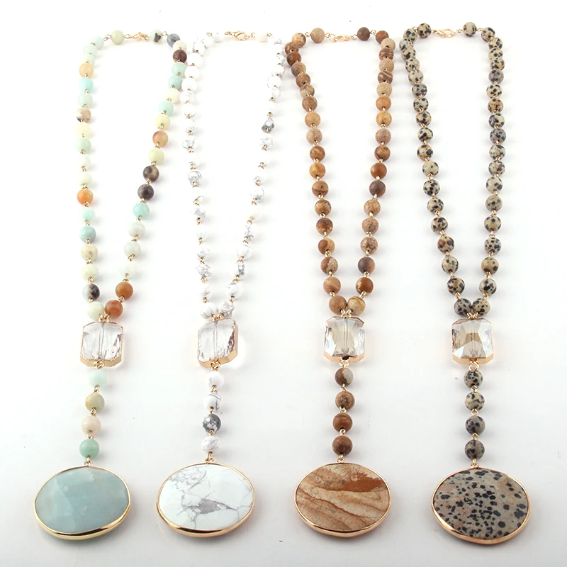 

MOODPC Fashion Bohemian Jewelry Stones Rosary Chain Rectangle Crystal Link Stone Pendant Necklaces For Women Ethnic Necklace