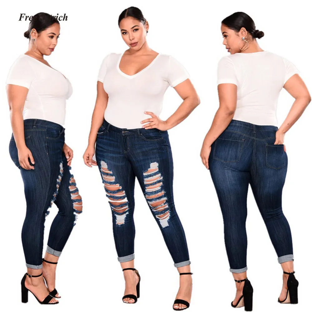 Free Ostrich Clothes Women Jeans Women Plus Size Ripped Stretch Slim Denim Skinny Jeans Pants High Waist Trousers NEW hole Pants