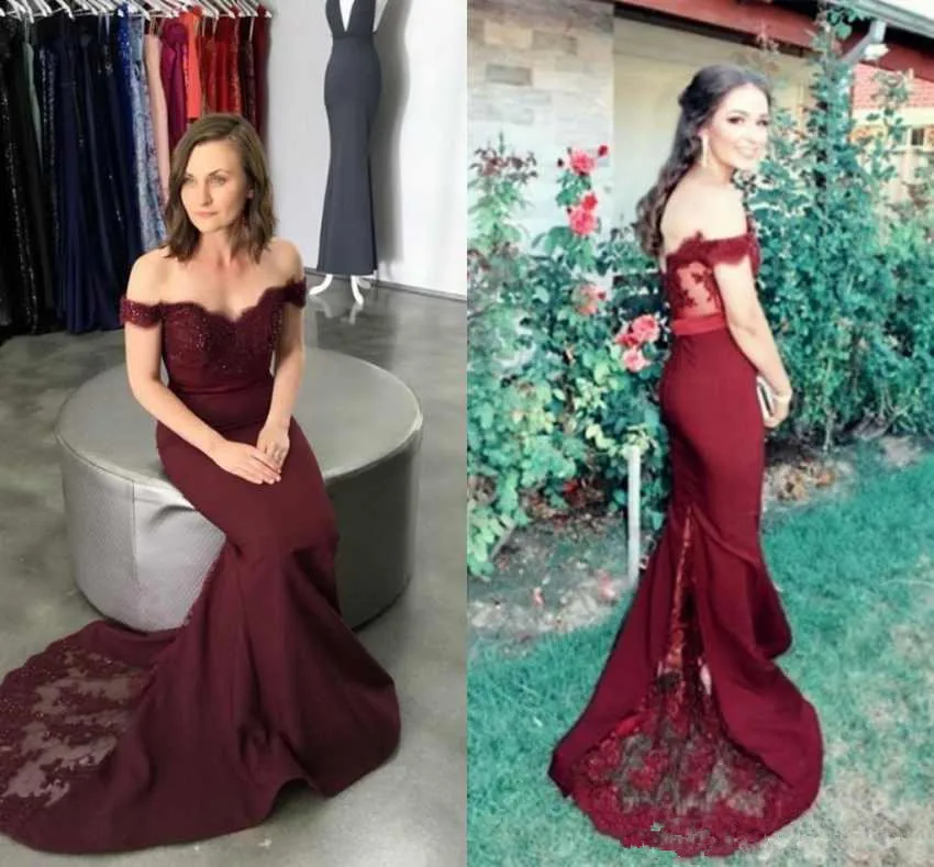 

Burgundy Robe De Soiree 2019 Mermaid Off The Shoulder Appliques Lace Beaded Sexy Long Prom Dresses Prom Gown Evening Dresses