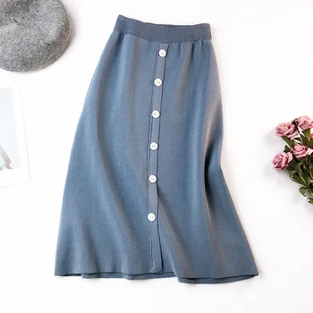 

New Autumn Winter Knit Skirts Women A-Line Sweater Skirts Female Single-breasted Skirts Long Elegant Skirt High Quality