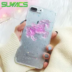 SUYACS Блеск порошок звезды 3D Розовый Единорог чехол для телефона iPhone 6 6 S 7 8 Plus X мягкий силиконовый случаи задняя крышка корпуса Coque