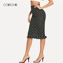 COLROVIE, черная юбка с разрезом сзади и оборками, в горошек, сексуальная юбка, осень, высокая длина, юбка стрейч, высокая талия, элегантные женские юбки