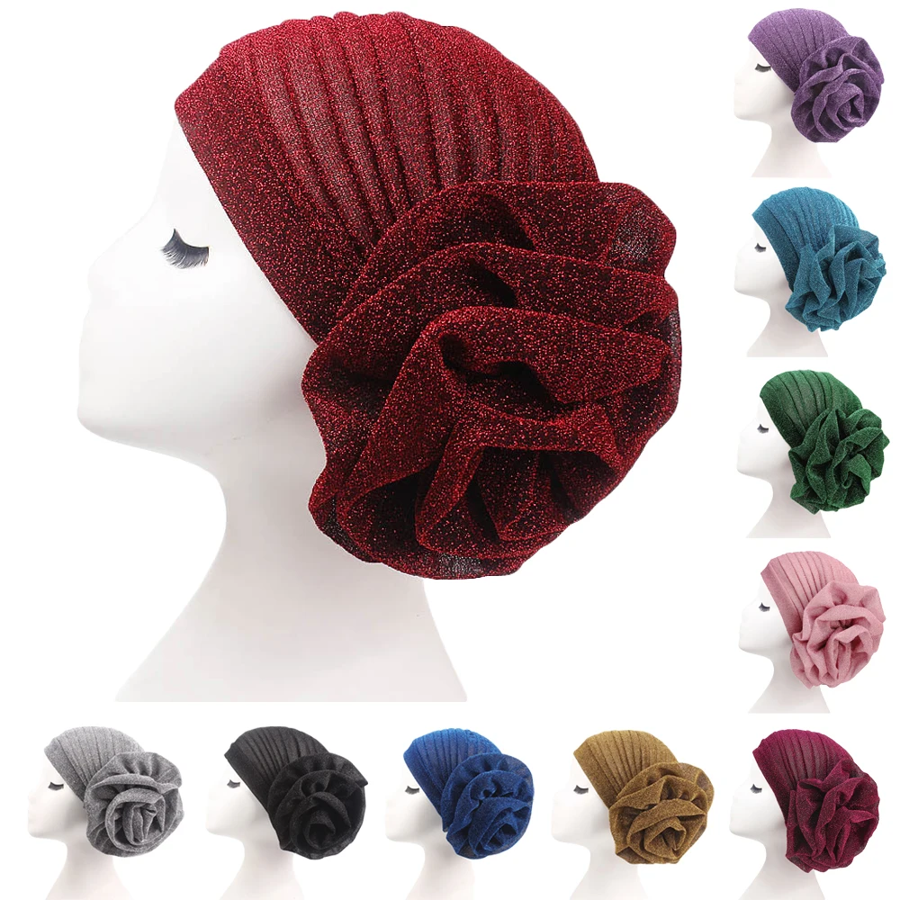 Новинка, женская мусульманская шапочка, большой цветок, блестящая индийская шапка, шапка, исламские арабские банданы, блестящая шапочка, головной убор, головной платок, гофрированный модный