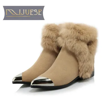

MLJUESE 2019 women ankle boots cow suede zippers rabbit hair pointed toe winter warm short plush fur female boots snow boots