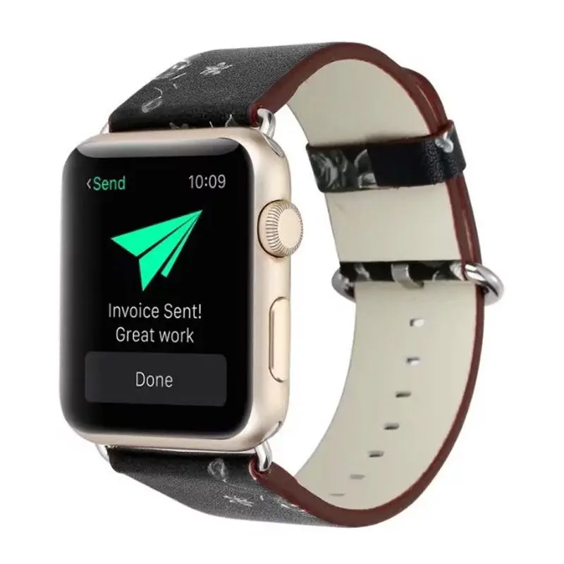 Кожаный ремешок с национальным цветочным принтом для iwatch, ремешок для Apple Watch, серия 4, 3, 2, 1, ремешок, 38, 40, 42, 44 мм, браслет на запястье с цветами