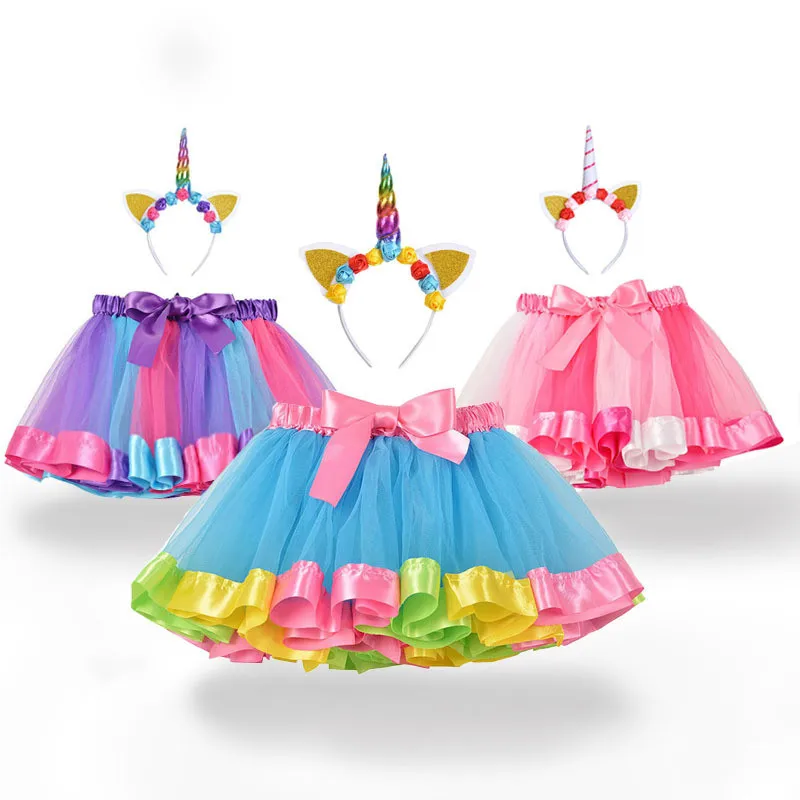 Для девочек с единорогом-пачки радужного цвета Цвет шифон юбка-пачка детская одежда для маленьких девочек s повязка на голову "Единорог"+ юбка, комплект для маленьких девочек одежда D1161