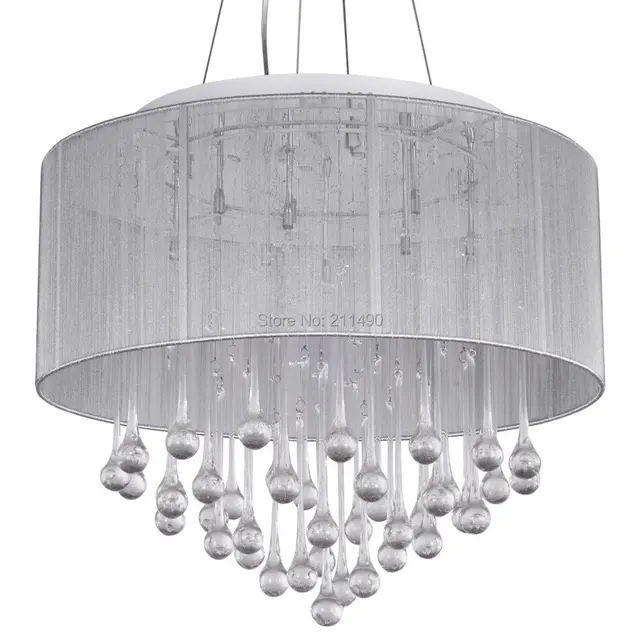 White Fabric Shade Crystal Modern Drum Pendant Light Chrome Finish White Fabric Shade Crystal Modern Drum Pendant Light Chrome Finish With 4 Lights Max 160w