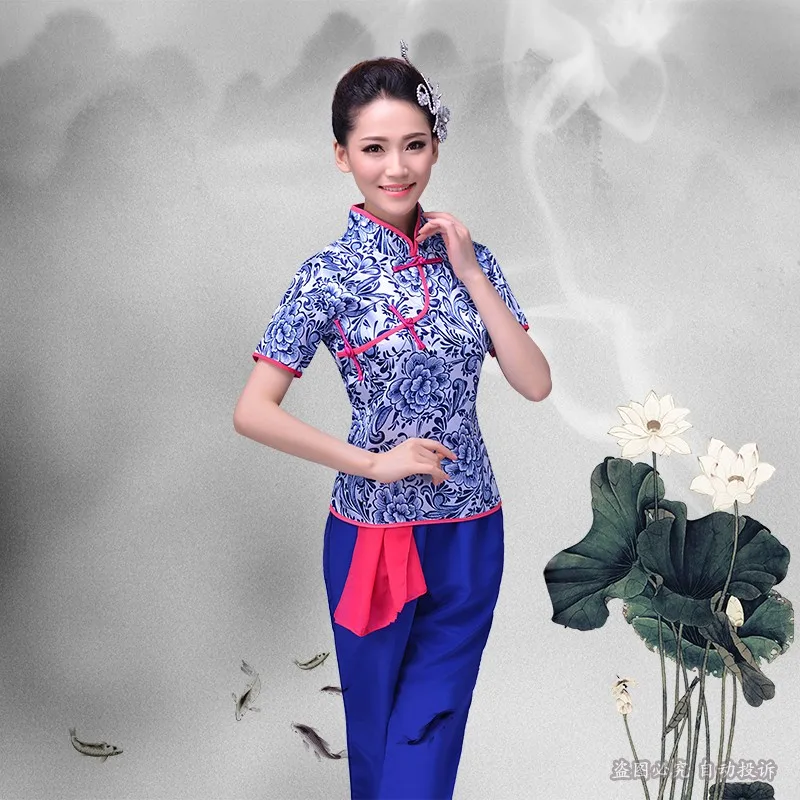 Женский голубой и белый фарфор Китайская народная Танцы одежда новый Yangko Танцы вентилятор Танцевальный костюм