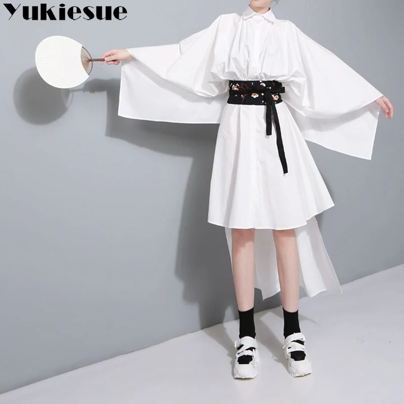 

Asymmetrical Shirt Dress Women batwing long sleeve Sexy Dresses Female with Wide Belt Patchwork backless Autumn party show