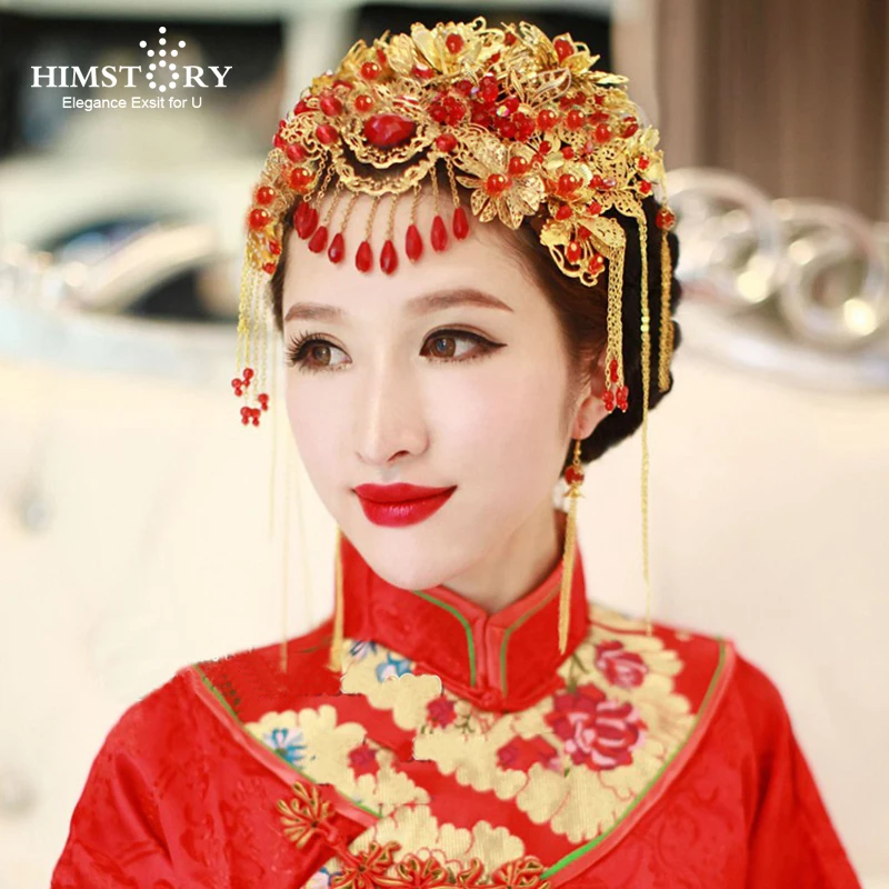 

Vintage Chinese Hair Styles Classical Jewelry Traditional Bridal Headdress Wedding Red Hair Accessory Gilding Coronet Hairwear