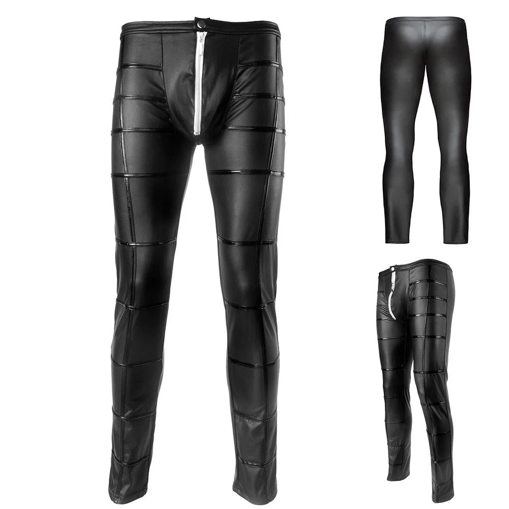 

2019 new fashion nightclub sexy pants men's striped faux leather zipper tights slim simple pants free shipping