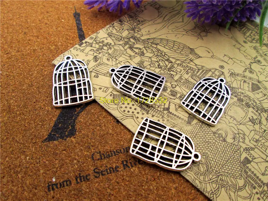 

12pcs Charms Antiqued Silver Tone 2 sided bird cage charm pendants 26x16mm