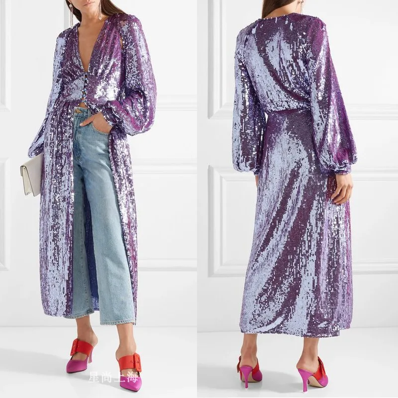 Женское шикарное платье, волшебное фиолетовое длинное платье с пайетками, Дамский фонарь для вечеринок, длинный жакет с рукавами, открытая кнопка с блестками