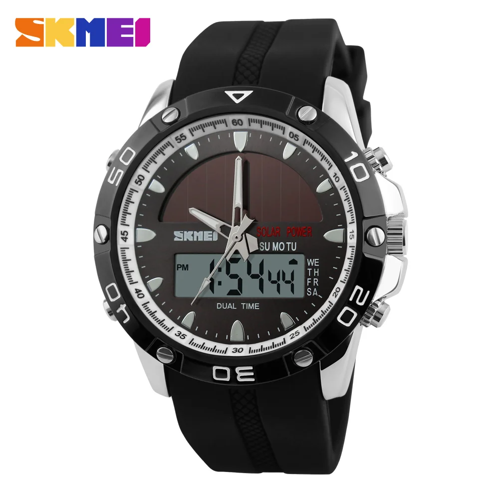 SKMEI Solar Digital Watch Dual Time Quartz Men Sports Watches LED