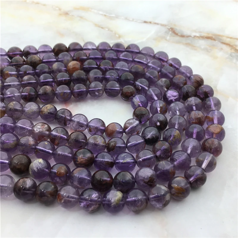 Natural Stone Amethysts Purple Rutilat Phantom Quartz Smooth Round Loose Beads 6/8/10/12mm For DIY Bracelet Jewelry Making