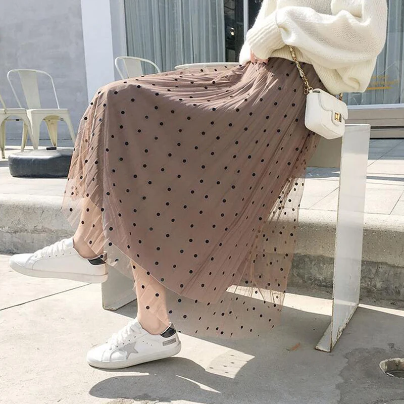 TIGENA Reversible Tulle Velvet Skirt Women Fashion 2019 Spring Elegant Polka Dot Long Skirt Female High Waist Pleated Midi Skirt
