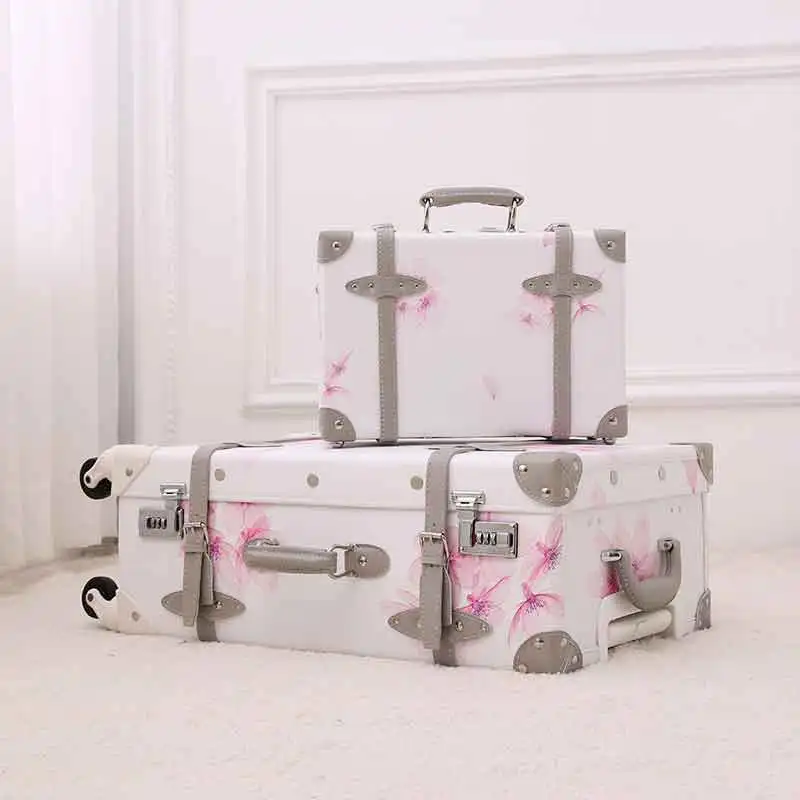 UNIWALKER 2"-26" Винтажный багаж на колёсиках из искусственной кожи чемодан сундук чемодан в стиле ретро с спиннингом колеса для девочек - Цвет: Cherry Story(Set)