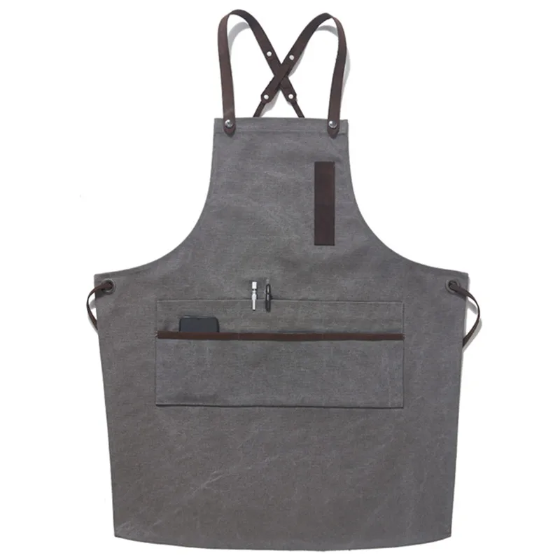 Gray Coffee Washed Canvas Apron Cotton Leather Straps E11-2
