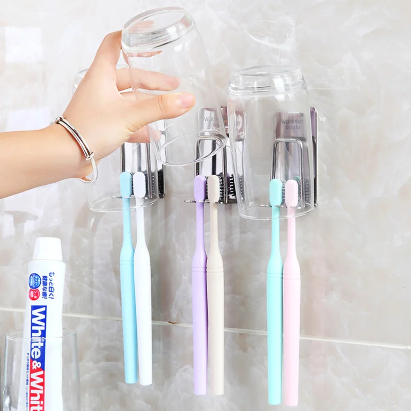 

Stainless Steel Toothbrush Holder Tooth Mug Cup Storage Shelf Wall Suction Bathroom Accessories Product Home Organizer