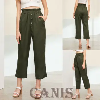 

Women Summer High Waist Trousers Autumn Spring Ladies Frill Waist Button Front Straight Leg Crop Pants