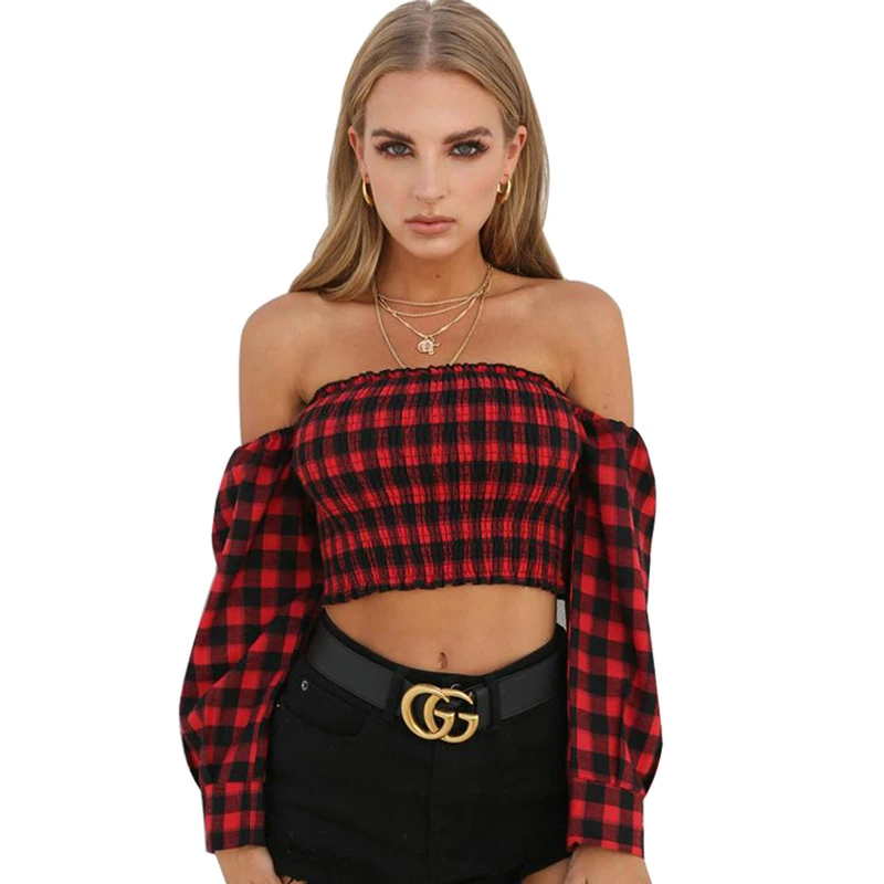 Plaid crop top long sleeve Clearance