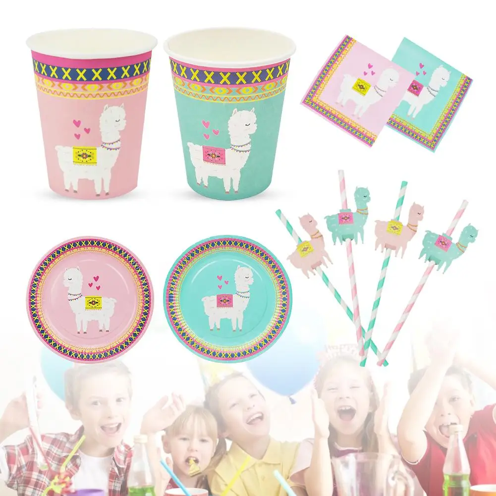 

8PCS Alpaca Paper Cup Set Disposable Pink Light Green Tableware Paper Straw Plate Cup Suit for Children's Birthday Party