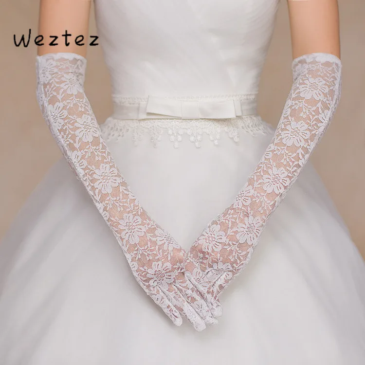 

Wedding Bridal Gloves Fashion White Lace Full Finger See Through Ribbon Bow-Knot Wedding Accessories ST02
