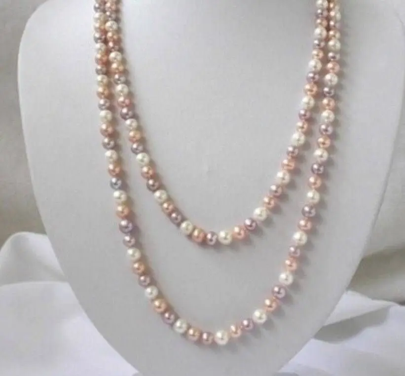 

DD Wholesale FREE SHIPPING Fashion jewelry 7-8mm white pink purple freshwater pearls necklace 50" RTY4514