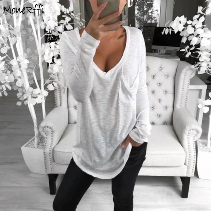 

MoneRffi Women Long Sleeve V-Neck T-shirt Pocket Sexy Loose accessional Size Torridity Fashionable Streetwear Mujer Camiseta