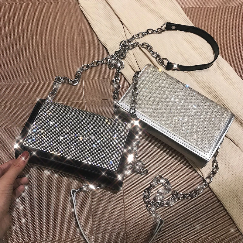 Fashion Silver Satin Women Shoulder Bags Designer Chain Shiny Diamonds ...