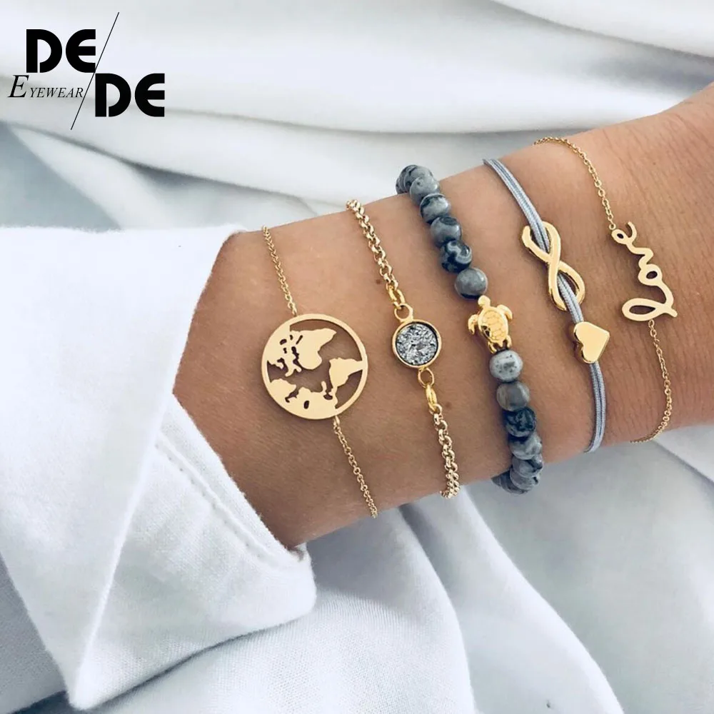 

5PCS/Set Turtle Heart Earth Map Bead Charm Bracelets For Women 2019 Boho Crystal Stone Infinite Chain Bracelet Jewelry Wholesale