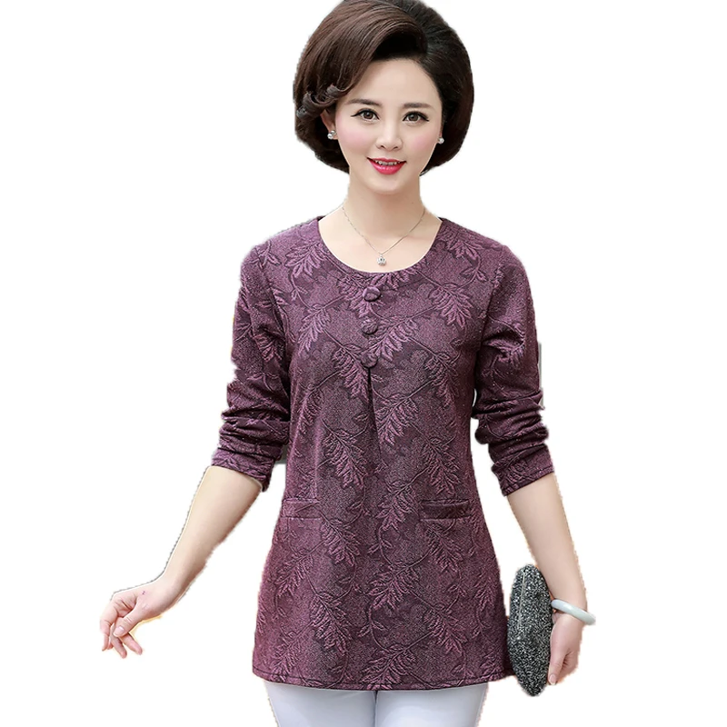 

Middle Aged Woman Spring Blouse Purple Green Red Flower Pattern Top Mature Womens Casual Tunic With Pockets Leisure Blouses 5XL