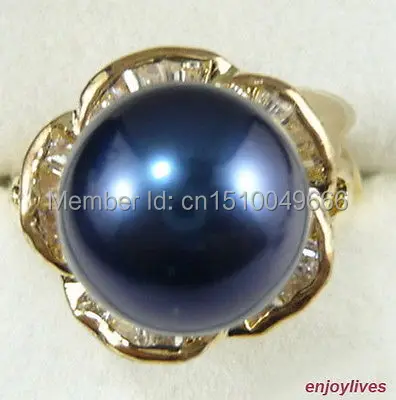 

FREE SHIP >>Black Blue South Sea Shell Pearl 18KGP Crystal Flower Ring Size: 7.8.9