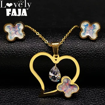 

2020 Fashion Crystal Stainless Steel Heart Earrings Necklace Sets Women Gold Color Costume Jewelry Set pendientes mujer S178492