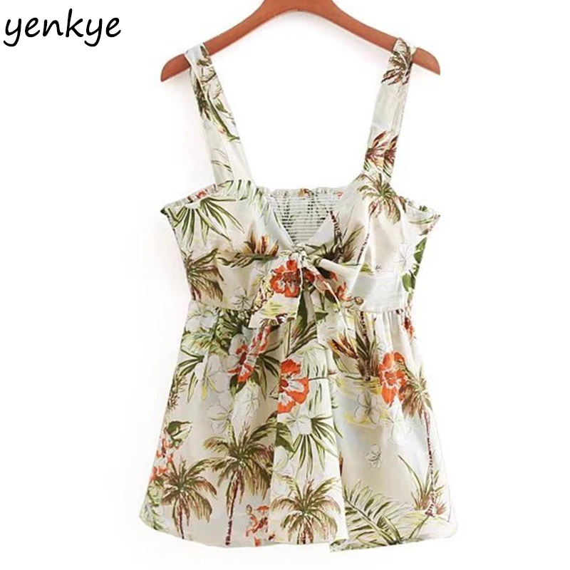 

Summer Tops Women Palm Tree Print Straps Top Front Knotted V Neck Sleeveless Sexy Haut Femme Casual Crop Top