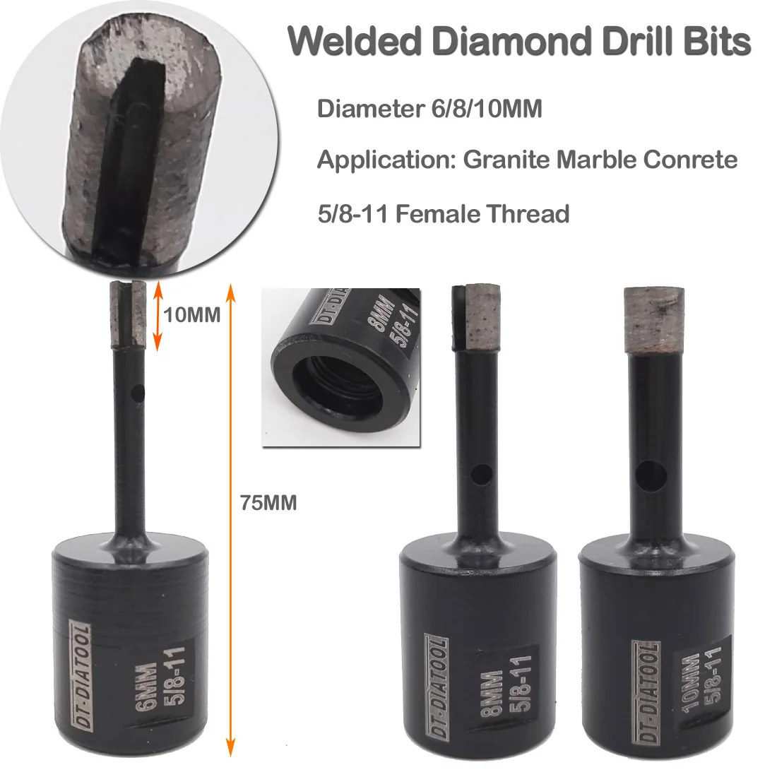 DT-DIATOOL 1pc Dia 14mm Crown Segments Wet Welded Diamond Drilling Bits Drill Hole Saw Core Bits for Granite 5/8-11 Connection