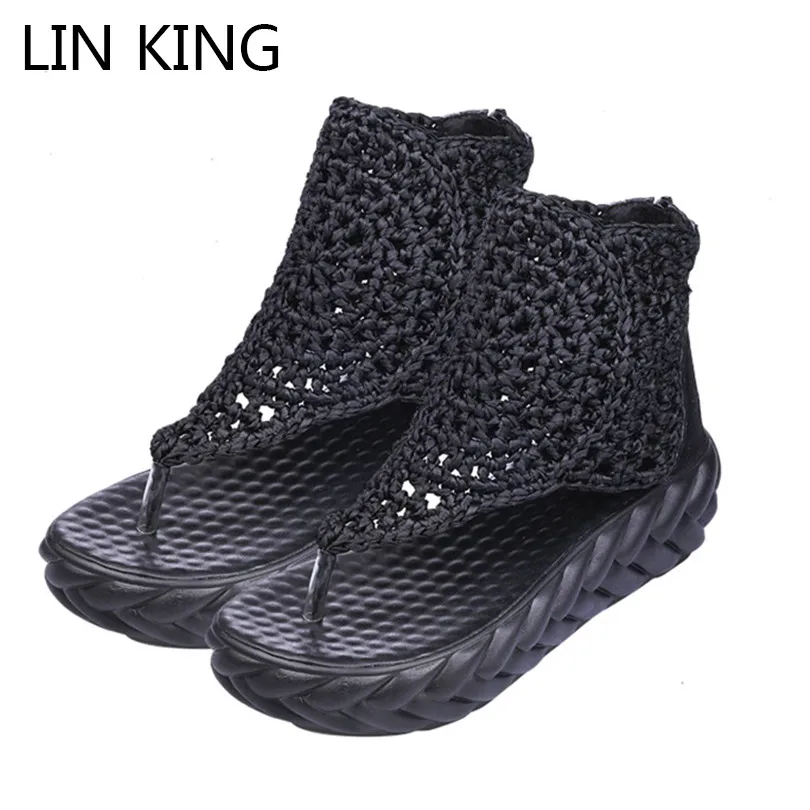 

LIN KING Thick Sole Knit Women Sandals Rome Zipper Flats Summer Gladiator Shoes Comfortable High Top Anti Skid Platform Shoes