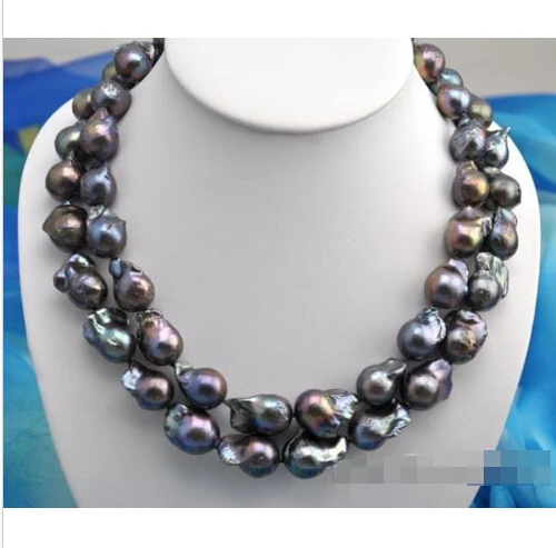 

Rare 2row 20" 23mm baroque black keshi reborn pearl necklace^^^@^Noble style Natural Fine jewe FREE SHIPPING