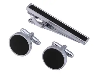 

10sets/lot Classic Black Round Onyx Cufflinks+Tie Clip Set Business Style Cuff Links&Tie Pin Bar Sets Simple Fashion Men Jewelry