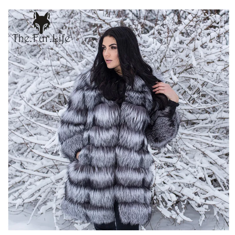 

Luxury 100% Real Silver Fox Fur Coat Warm Thicken Winter Strips Fox Fur Jackets New Arrive Sale