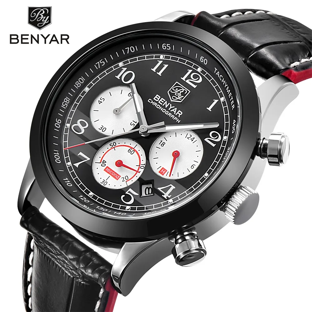 BENYAR Men Sport Watches Top Brand Luxury Leather Quartz Chronograph