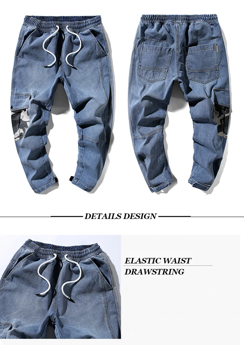 Модная уличная Для мужчин джинсы синие цветная нашивка камуфляж карман штаны-карго из денима брюки слабину дно с хип-хоп бегунов джинсы Для