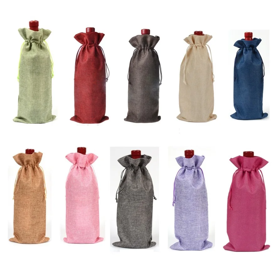 100pcs Jute Wine Bottle Bags 16cmx36cm (6.3"x 14")Champagne Bottle Covers Linen Gift Pouches