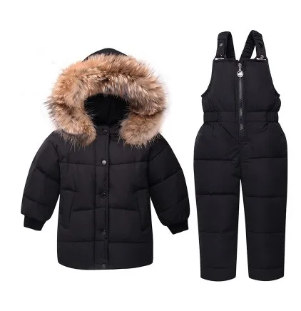 Зимние комплекты одежды для детей лыжный костюм для маленьких девочек и мальчиков Детский спортивный комбинезон, теплые пальто Меховая куртка на утином пуху+ комбинезон - Цвет: Черный