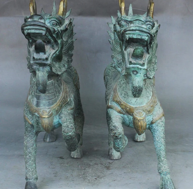 

Old Folk Chinese Bronze Gilt Dragon Kylin Chi-yin QIlin Guard Beast Statue Pair
